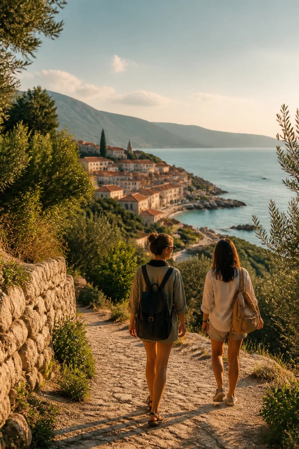 Deux voyageuses avancent vers un village côtier au soleil couchant